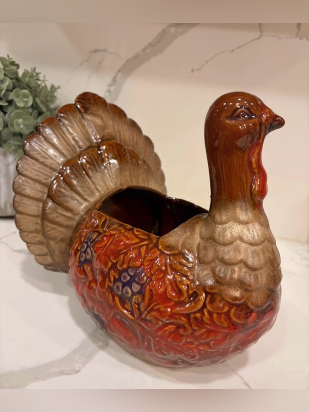 1970s Vintage Ceramic Turkey Planter Candy Dish Thanksgiving Decor